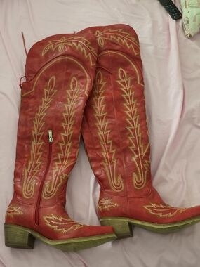 Red Embroidered Western Knee-High Boots